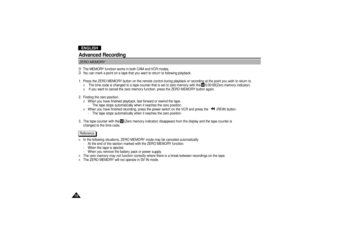 Samsung VP D 130 i manual Zero Memory 