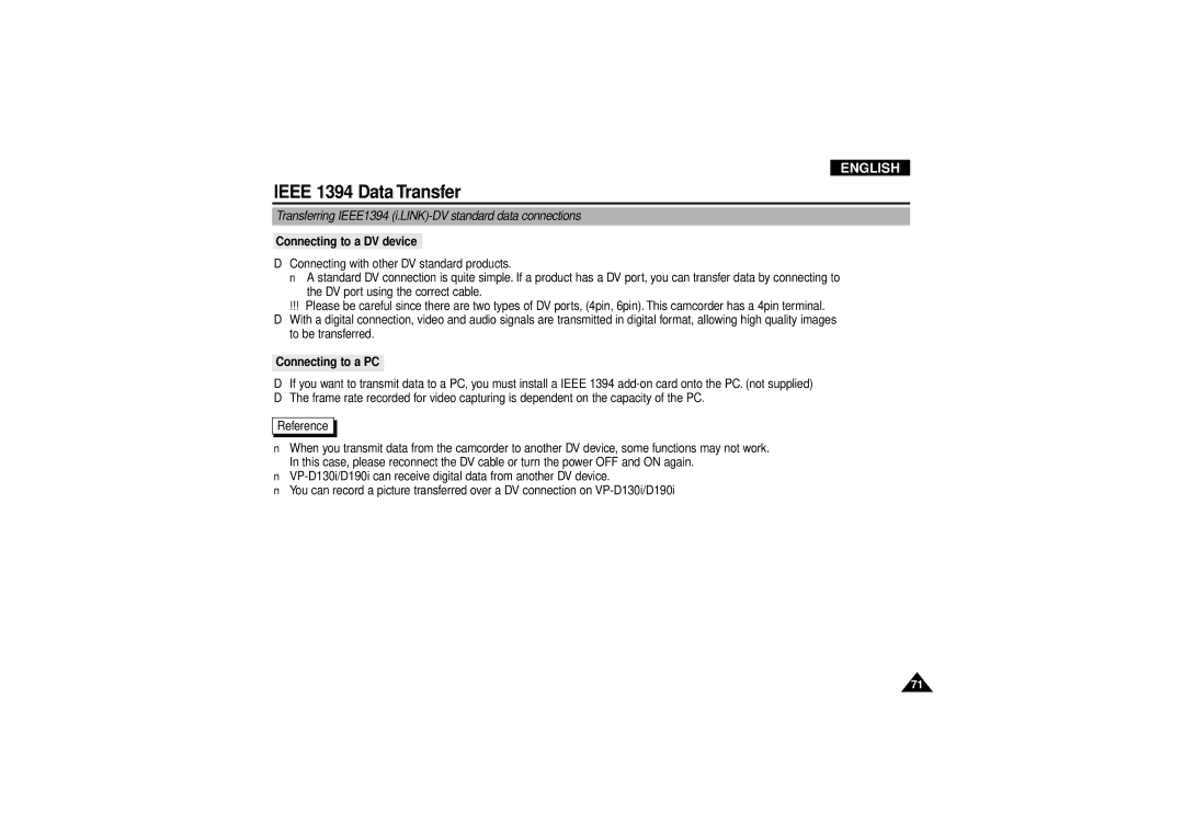 Samsung VP D 130 Ieee 1394 Data Transfer, Transferring IEEE1394 i.LINK-DV standard data connections, Connecting to a PC 