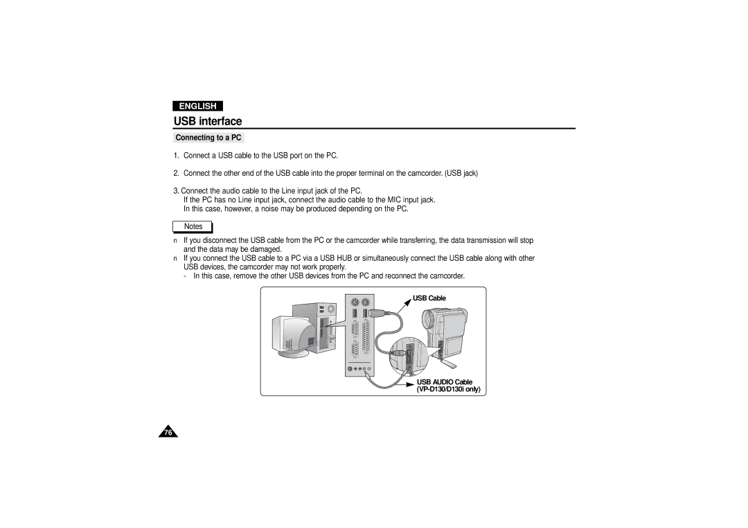 Samsung VP D 130 i manual Connecting to a PC, USB Cable 