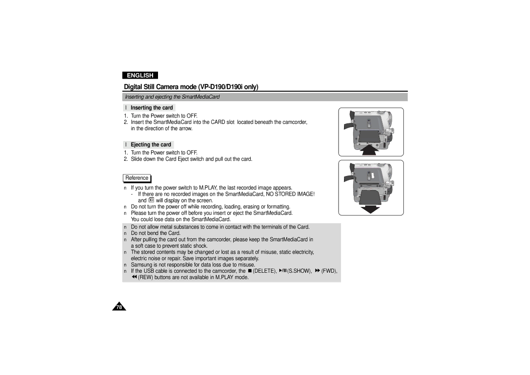 Samsung VP D 130 i manual Inserting and ejecting the SmartMediaCard, Inserting the card, Ejecting the card 