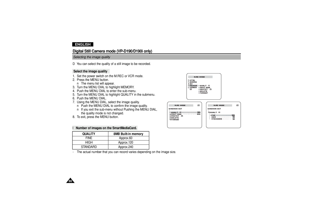 Samsung VP D 130 i Selecting the image quality, Select the image quality, Number of images on the SmartMediaCard, Quality 