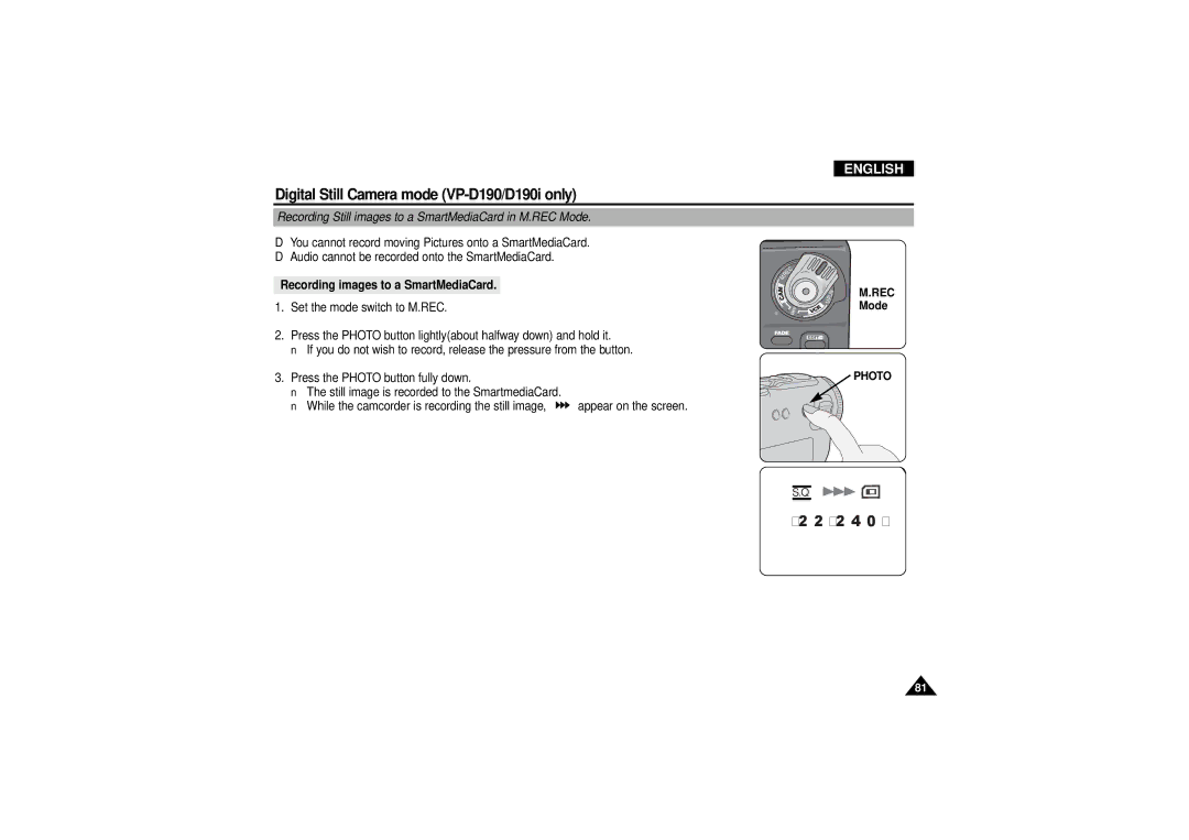 Samsung VP D 130 manual Recording Still images to a SmartMediaCard in M.REC Mode, Recording images to a SmartMediaCard 