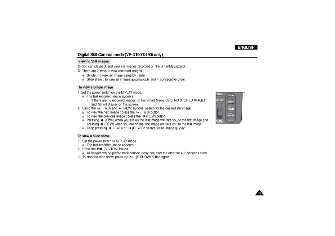 Samsung VP D 130 i manual Viewing Still images, To view a Single image, To view a slide show 