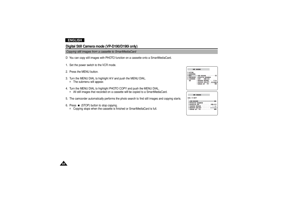 Samsung VP D 130 i manual Copying still images from a cassette to SmartMediaCard 