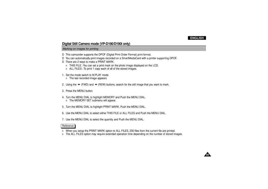 Samsung VP D 130 i manual Marking on images for printing 