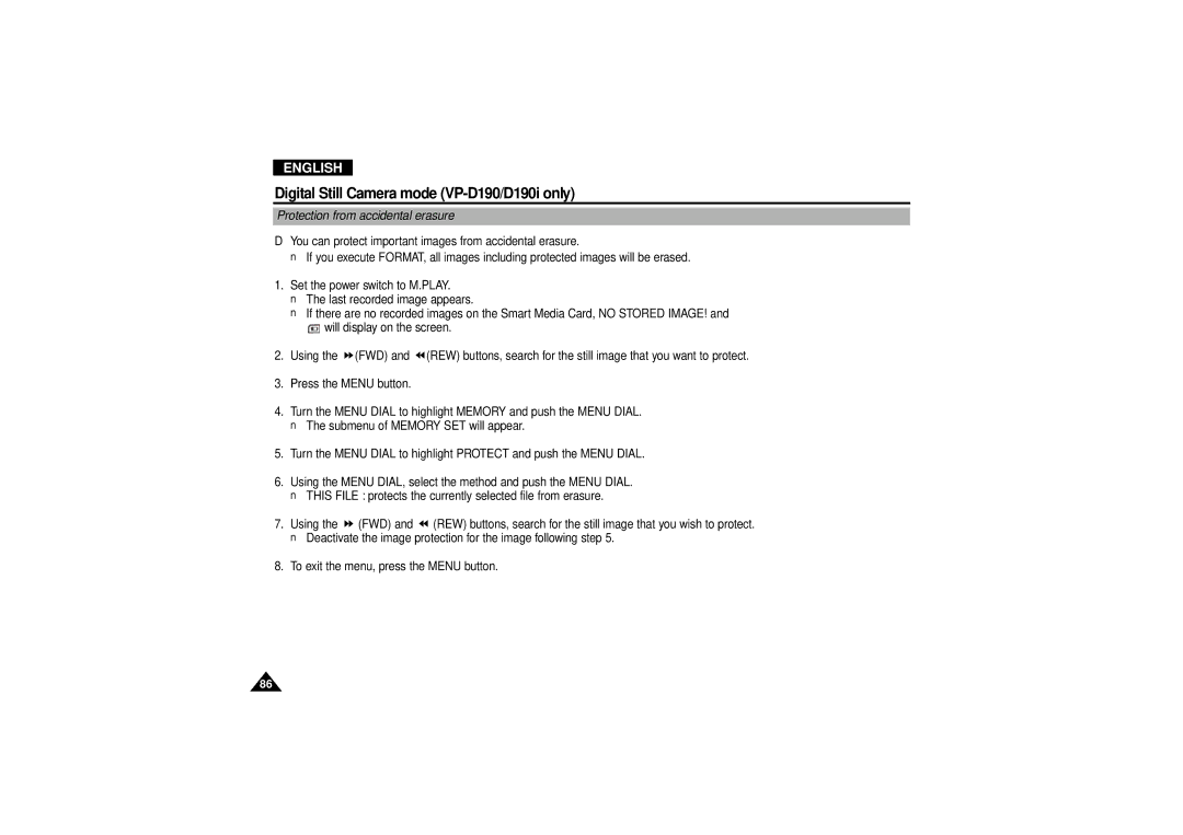 Samsung VP D 130 i manual Protection from accidental erasure 