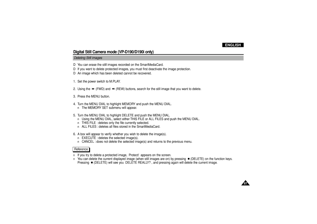 Samsung VP D 130 i manual Deleting Still images 