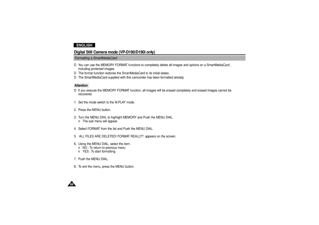 Samsung VP D 130 i manual Formatting a SmartMediaCard 