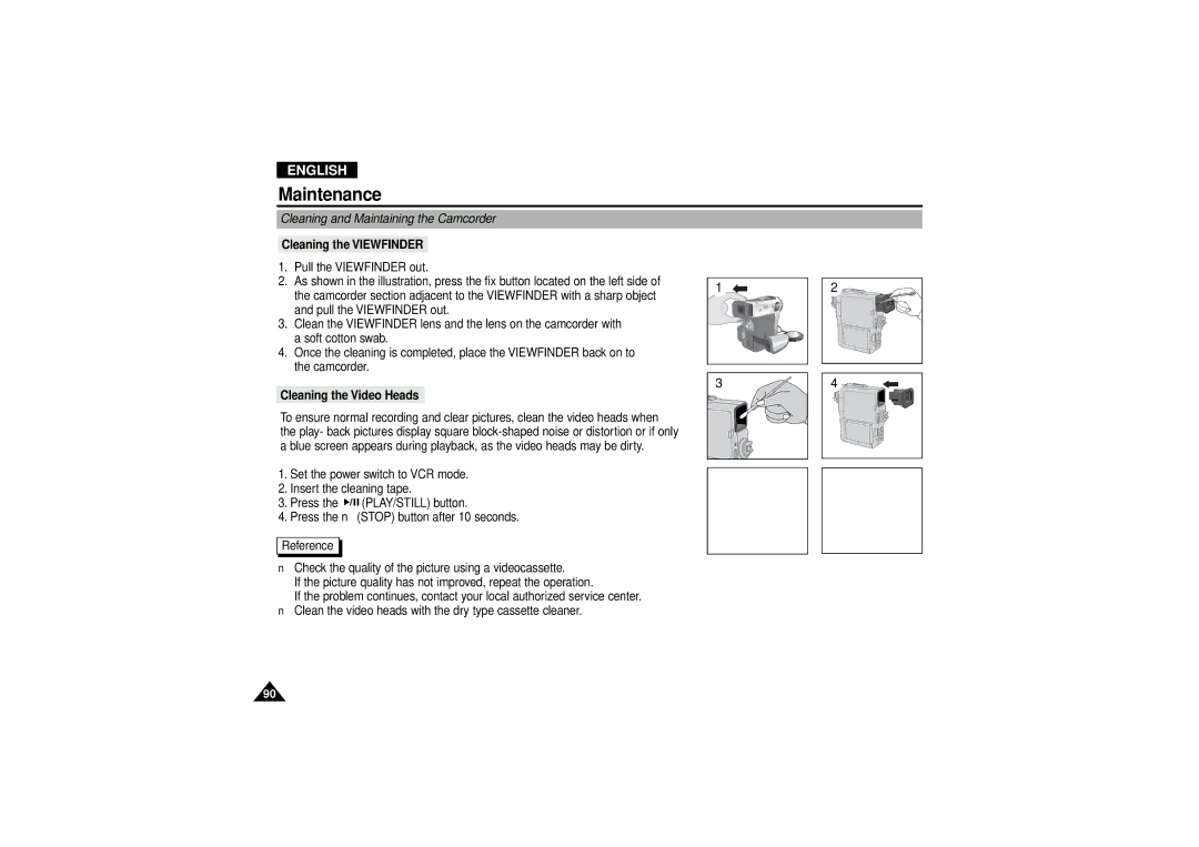 Samsung VP D 130 i manual Cleaning and Maintaining the Camcorder, Cleaning the Viewfinder, Cleaning the Video Heads 