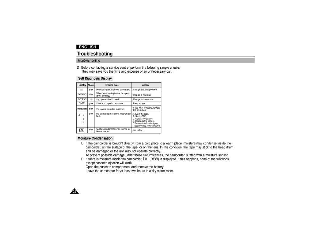 Samsung VP D 130 i manual Troubleshooting, Self Diagnosis Display, Moisture Condensation 