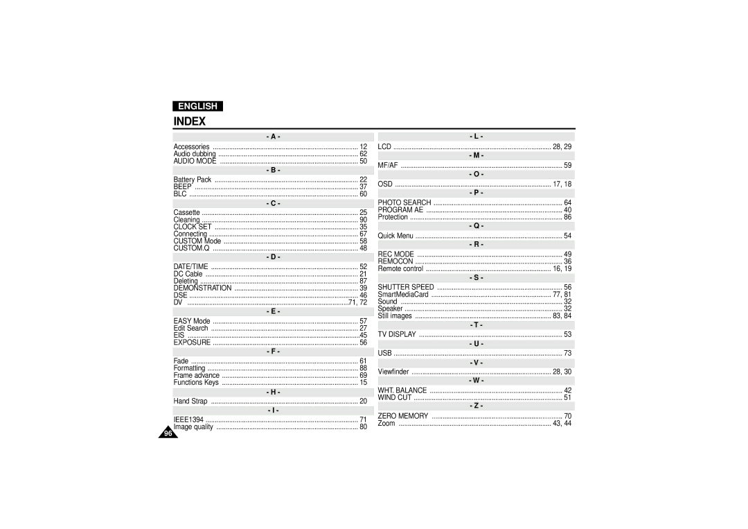 Samsung VP D 130 i manual Index 