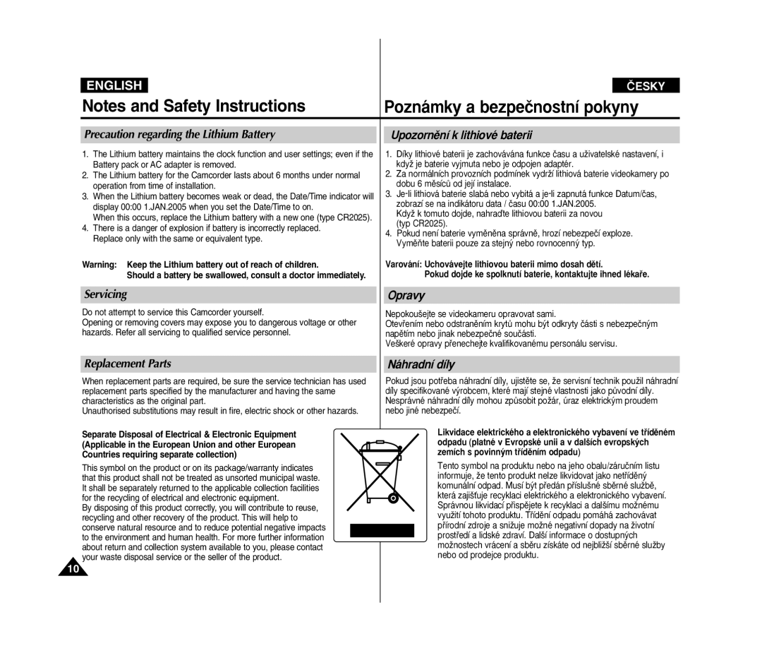 Samsung VP D 352 i manual Servicing, Opravy, Replacement Parts, Náhradní díly 