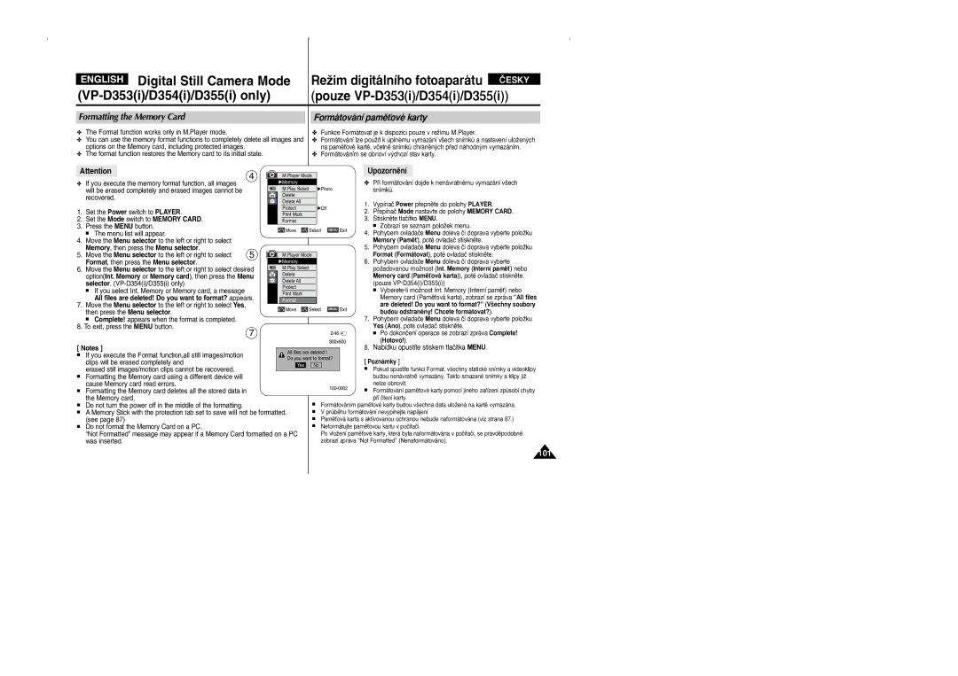 Samsung VP D 352 i manual Formatting the Memory Card Formátování pamûÈové karty, Upozornûní 