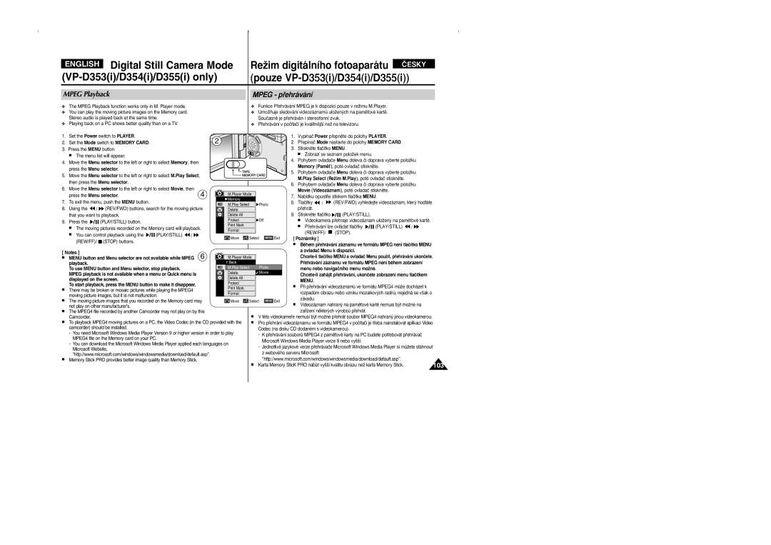 Samsung VP D 352 i manual Mpeg Playback Mpeg pﬁehrávání, Menu 