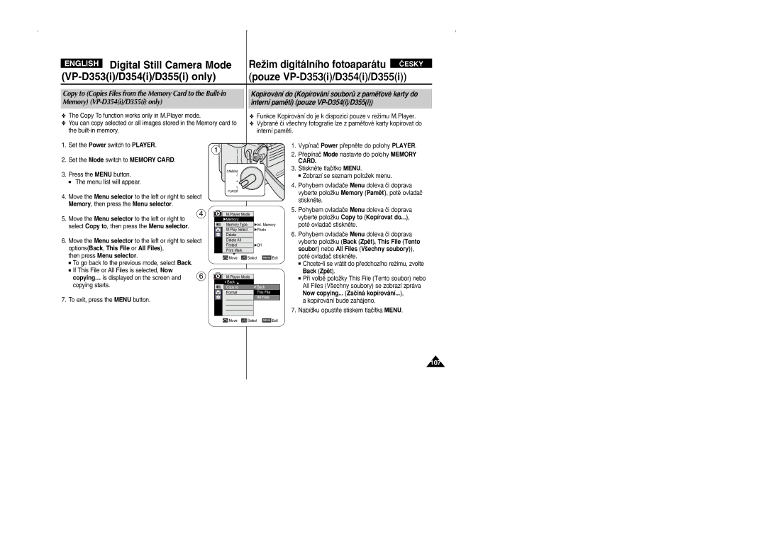 Samsung VP D 352 i manual Vyberte poloÏku Copy to Kopírovat do, Back Zpût, Now copying... Zaãíná kopírování 