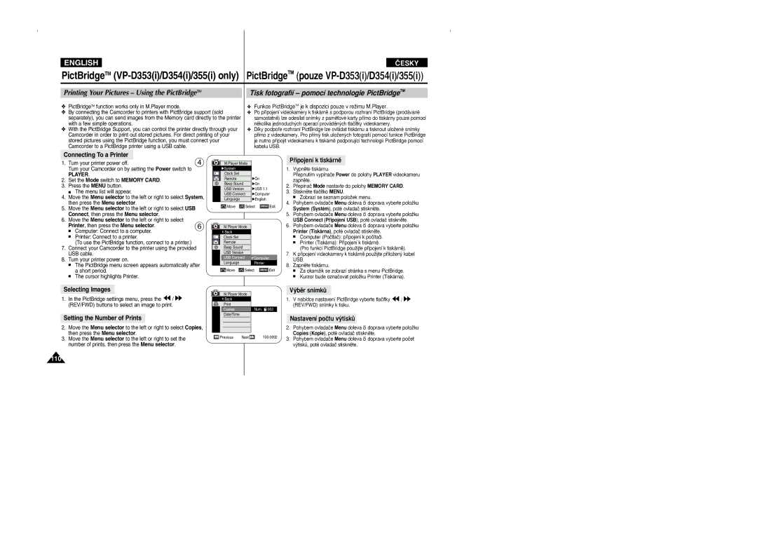 Samsung VP D 352 i manual Pﬁipojení k tiskárnû, ˘bûr snímkÛ, Nastavení poãtu v˘tiskÛ 