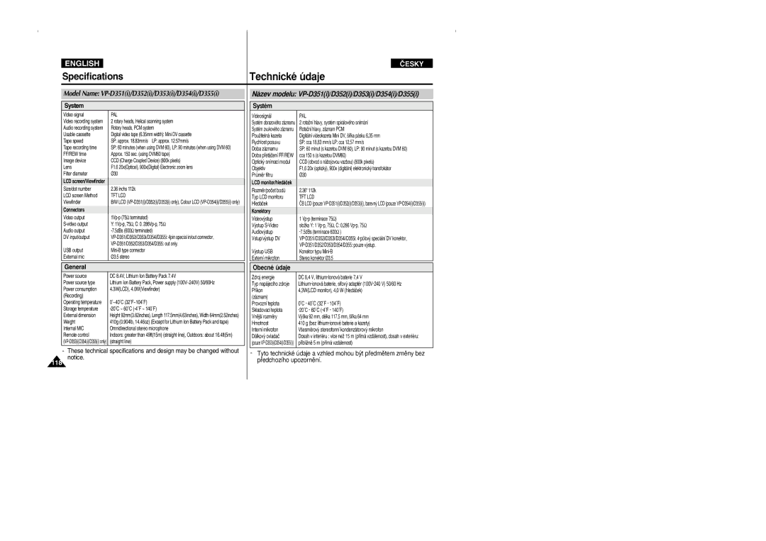 Samsung VP D 352 i manual Technické údaje, Název modelu VP-D351i/D352i/D353i/D354i/D355i, Systém 