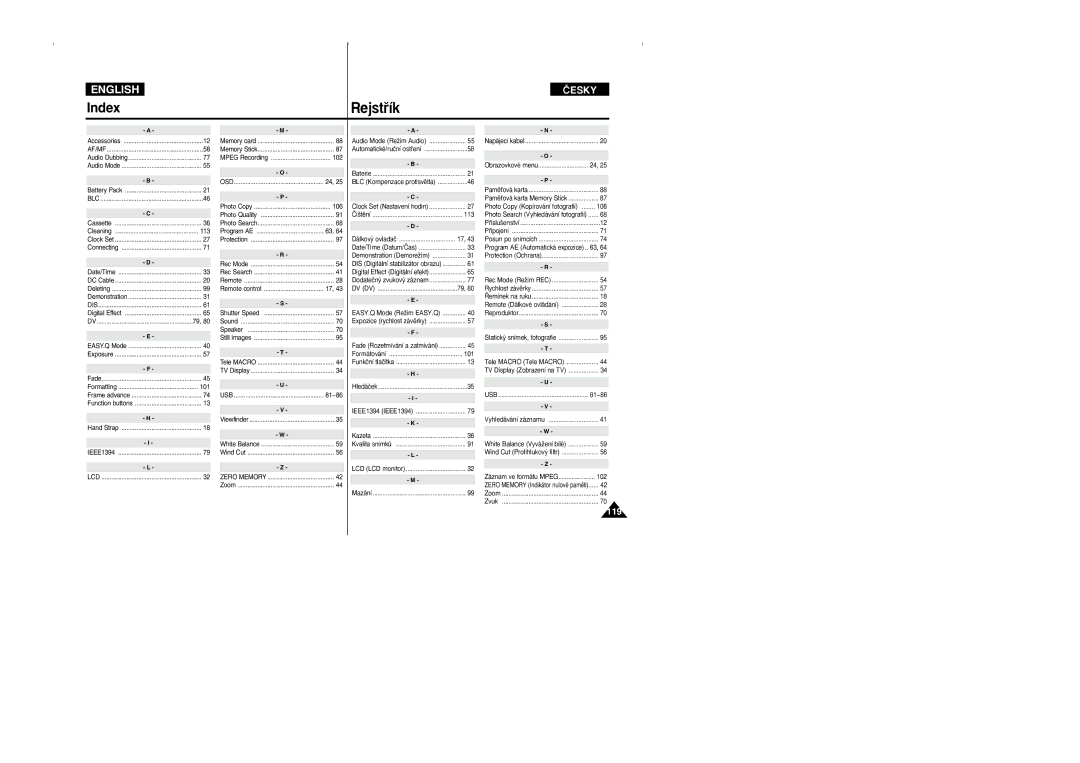 Samsung VP D 352 i manual Index, Rejstﬁík 