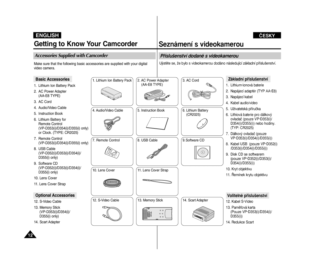 Samsung VP D 352 i manual Accessories Supplied with Camcorder, Pﬁíslu‰enství dodané s videokamerou, Basic Accessories 