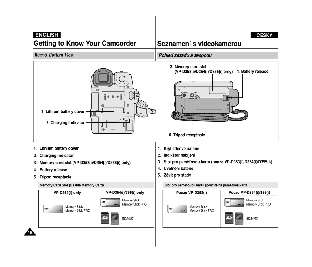 Samsung VP D 352 i Getting to Know Your Camcorder Seznámení s videokamerou, Rear & Bottom View Pohled zezadu a zespodu 