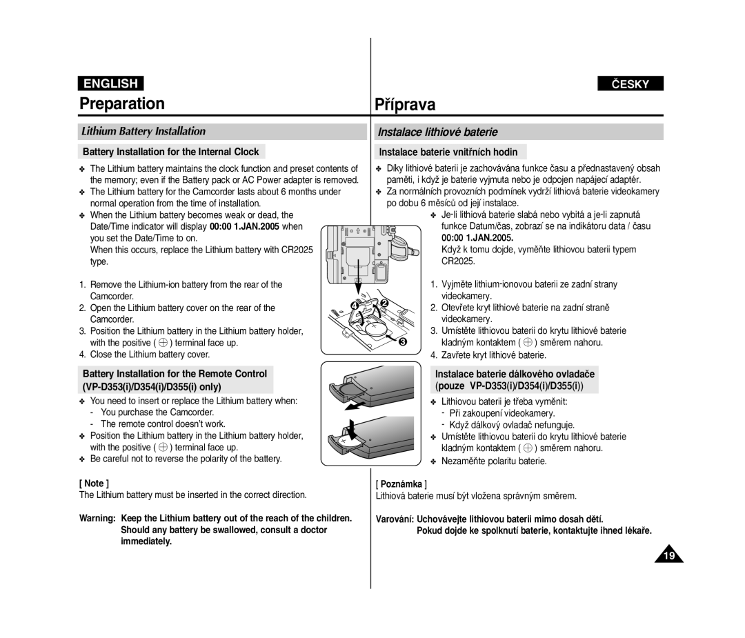 Samsung VP D 352 i manual Preparation Pﬁíprava, Lithium Battery Installation, Instalace lithiové baterie 