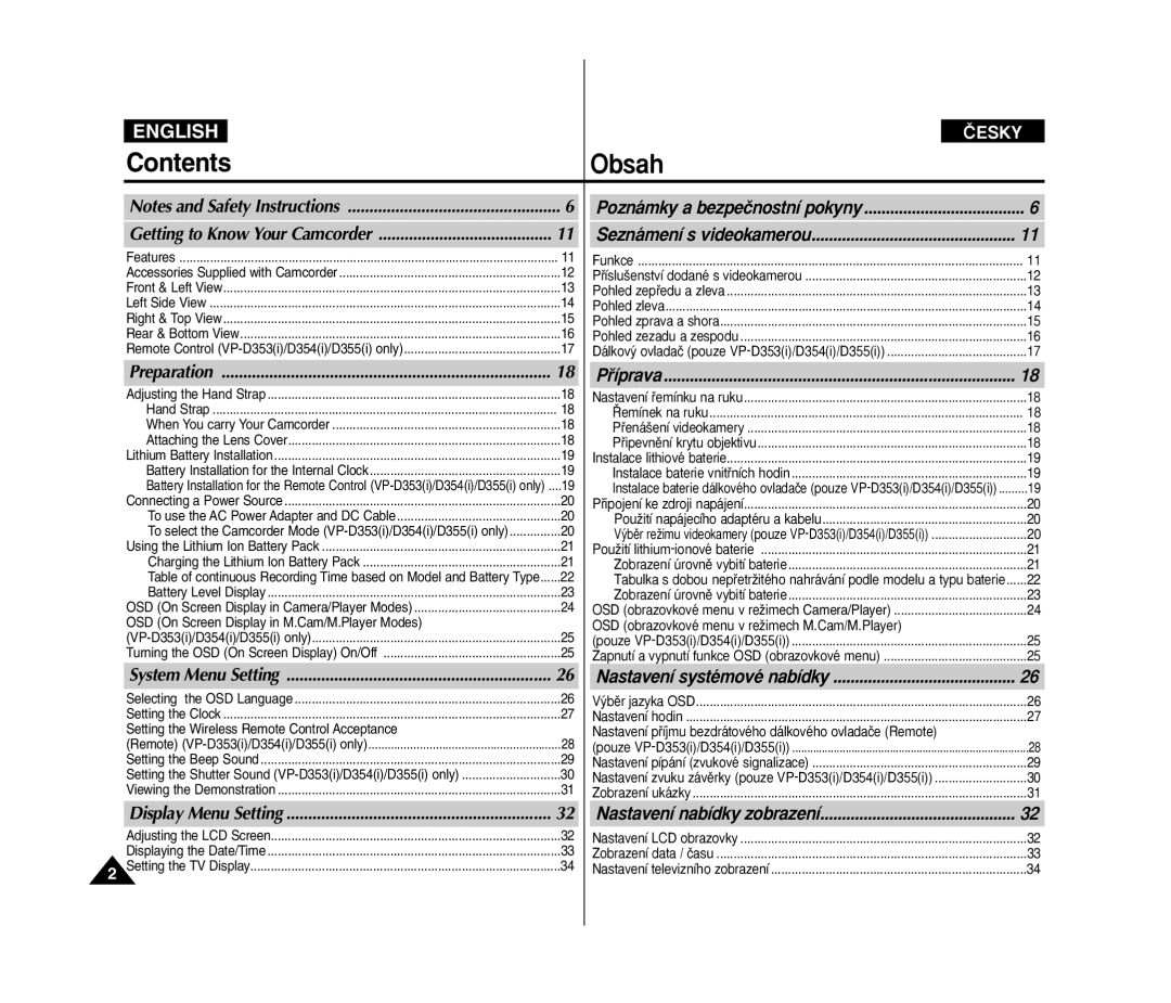 Samsung VP D 352 i manual Contents Obsah 