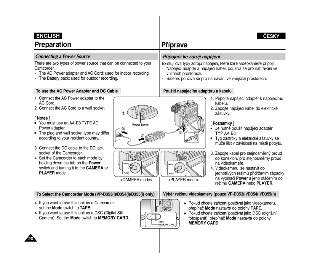 Samsung VP D 352 i manual Preparation, Pﬁíprava, Connecting a Power Source, Pﬁipojení ke zdroji napájení 