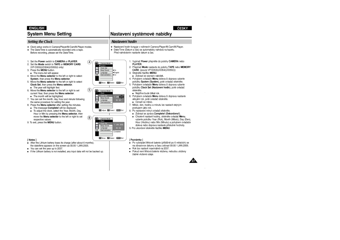 Samsung VP D 352 i manual Setting the Clock, Nastavení hodin, System, then press the Menu selector 