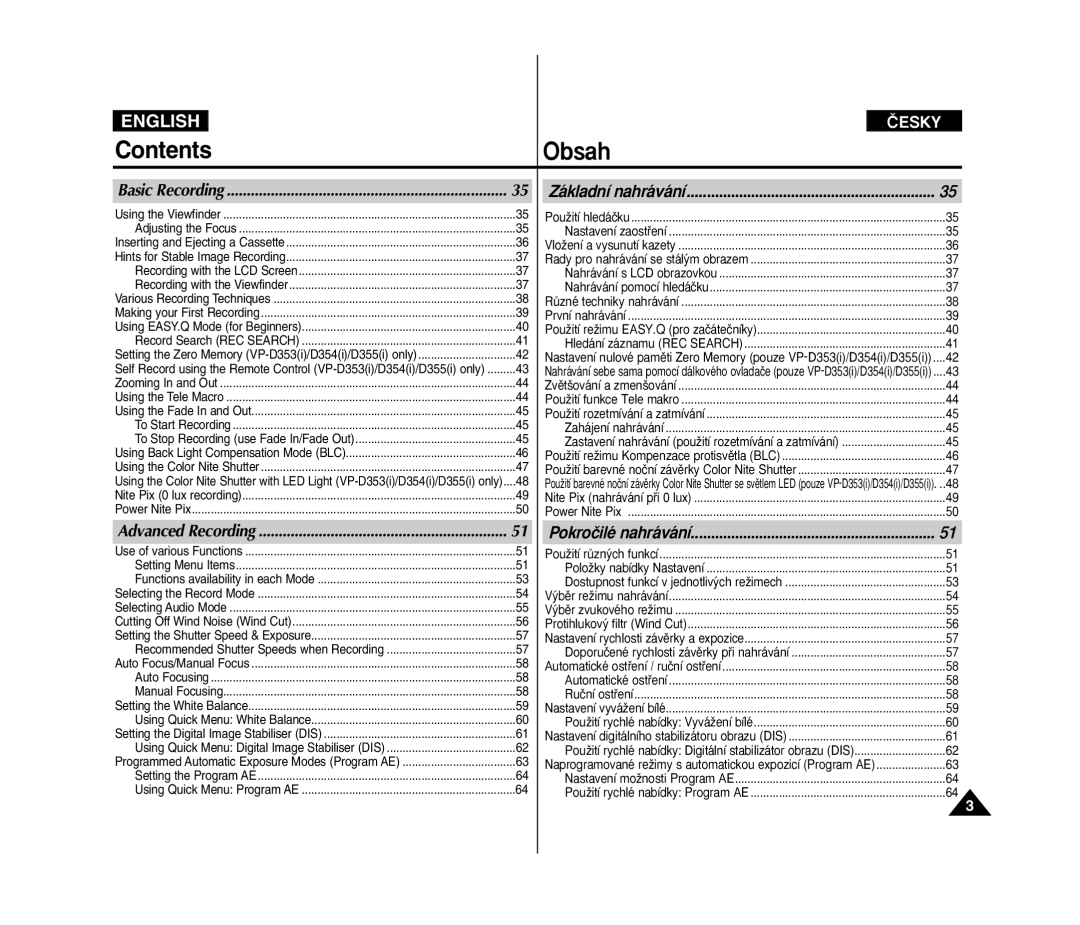 Samsung VP D 352 i manual Contents 