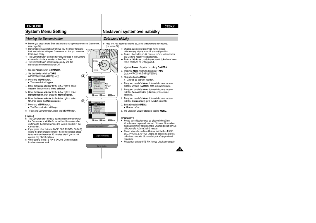 Samsung VP D 352 i manual System Menu Setting, Viewing the Demonstration Zobrazení ukázky 