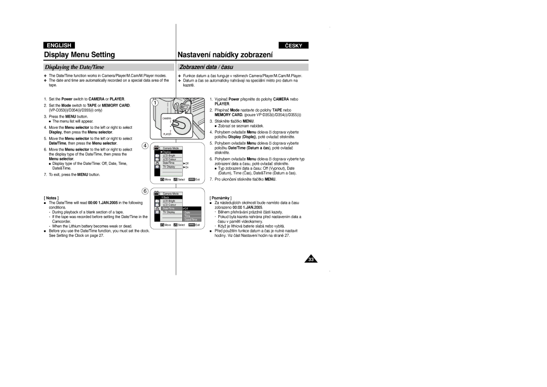 Samsung VP D 352 i manual Displaying the Date/Time Zobrazení data / ãasu, Menu selector, Zobrazeno 0000 1.JAN.2005 