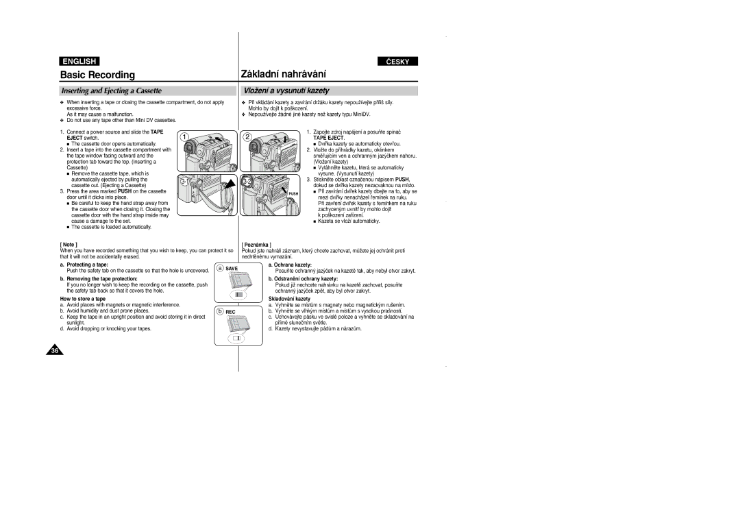 Samsung VP D 352 i manual Basic Recording, Základní nahrávání, Inserting and Ejecting a Cassette, VloÏení a vysunutí kazety 