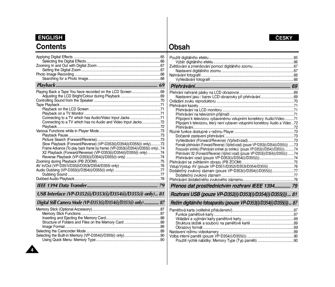 Samsung VP D 352 i manual Contents Obsah 