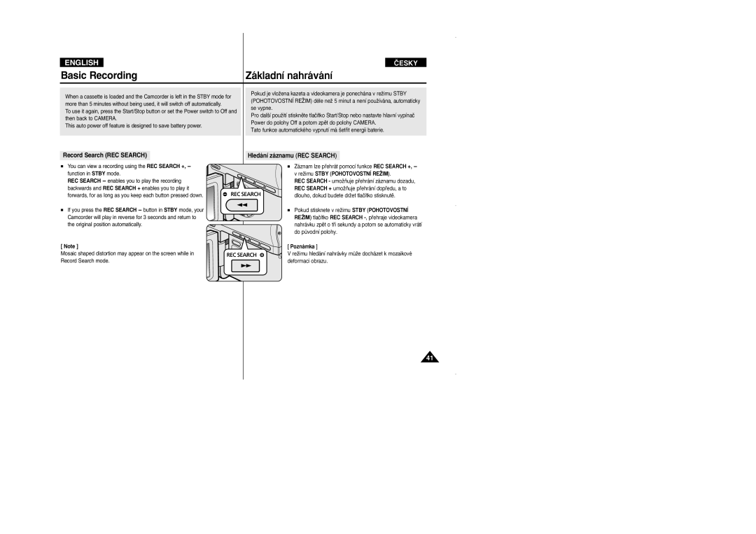 Samsung VP D 352 i manual Record Search REC Search, Hledání záznamu REC Search, ReÏimu Stby Pohotovostní Reîim 