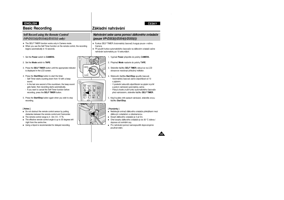 Samsung VP D 352 i manual Self Record using the Remote Control, VP-D353i/D354i/D355i only Pouze VP-D353i/D354i/D355i 