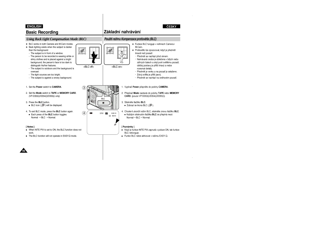 Samsung VP D 352 i manual Using Back Light Compensation Mode BLC, Subject is outdoors and the background is 