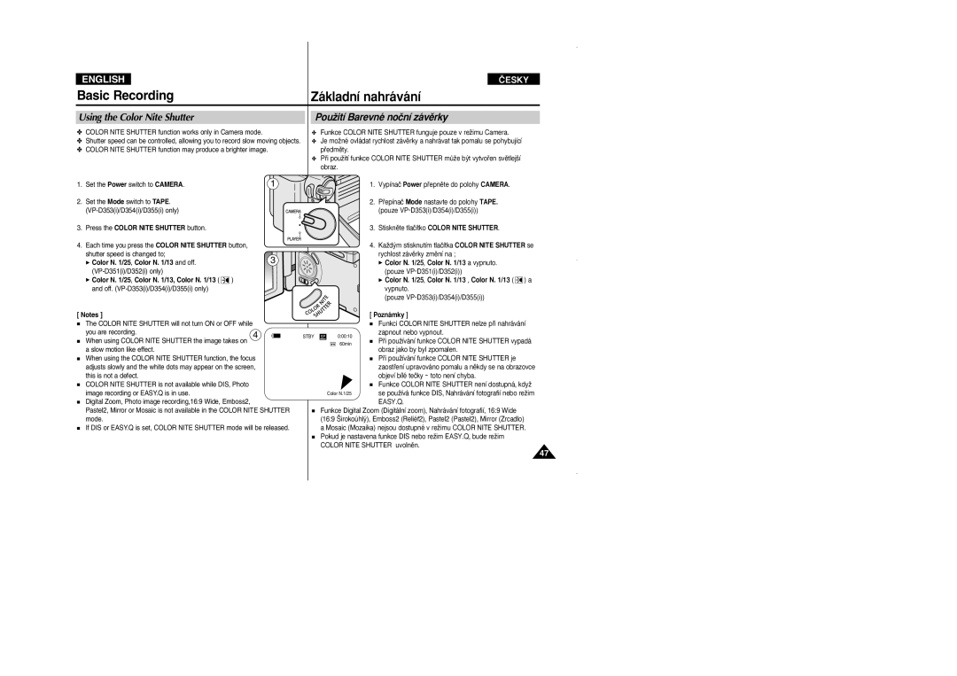 Samsung VP D 352 i manual Using the Color Nite Shutter, PouÏití Barevné noãní závûrky, √ Color N /25, Color N /13 and off 