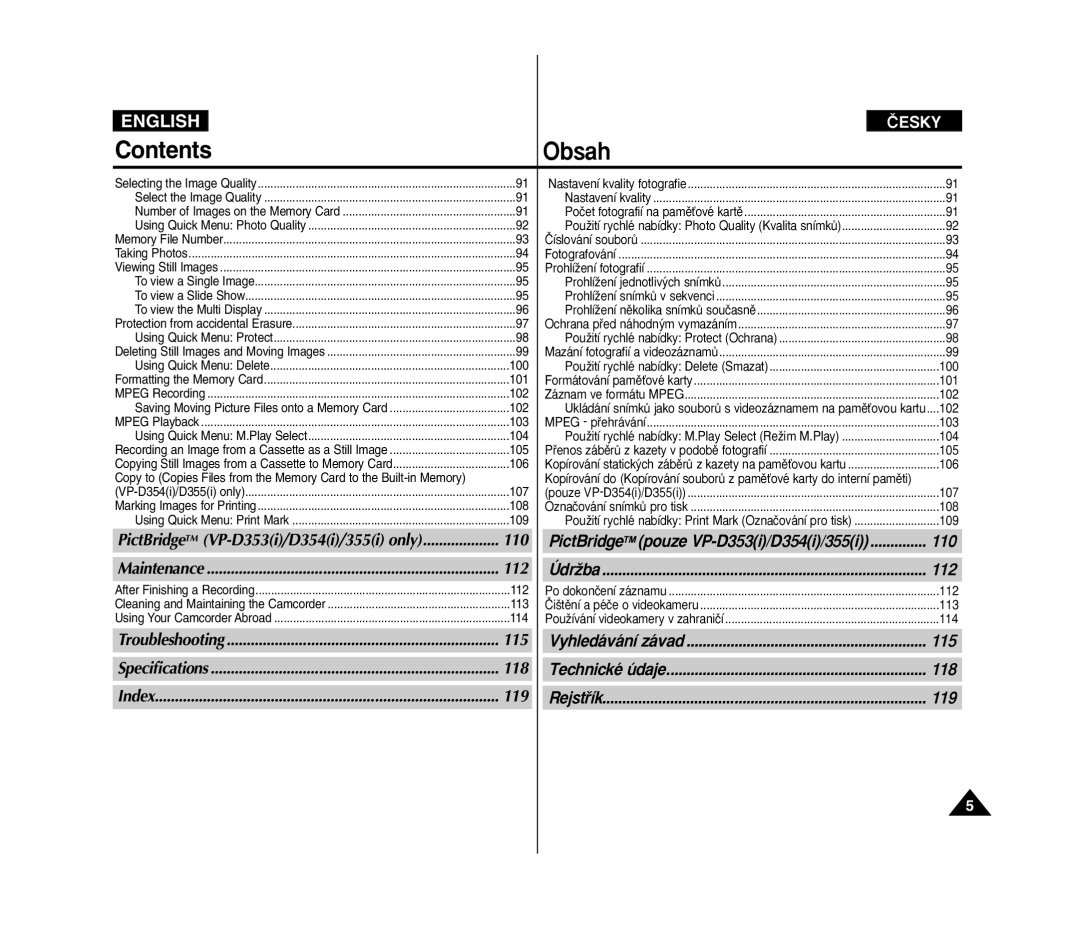 Samsung VP D 352 i manual 115, 118, 119 