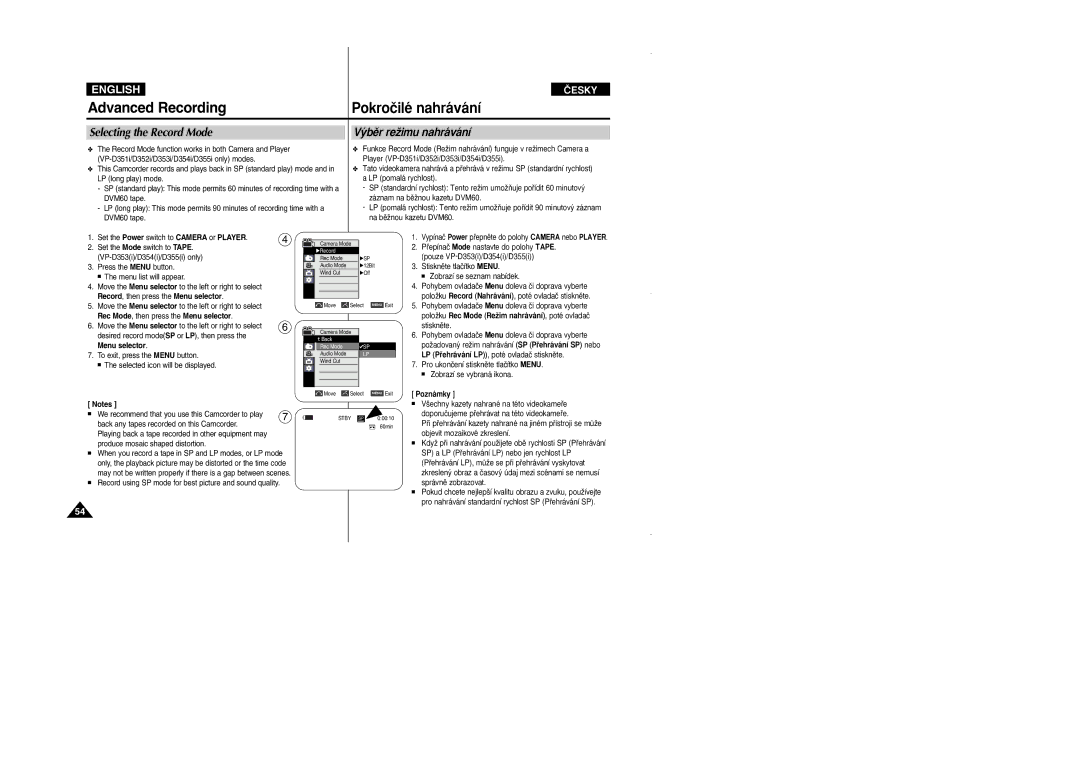 Samsung VP D 352 i manual Selecting the Record Mode, ˘bûr reÏimu nahrávání, Record, then press the Menu selector 