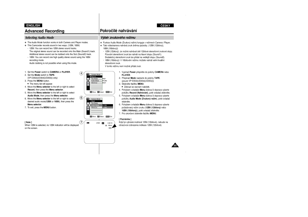 Samsung VP D 352 i Advanced Recording, Pokroãilé nahrávání, Selecting Audio Mode, ˘bûr zvukového reÏimu, On the screen 