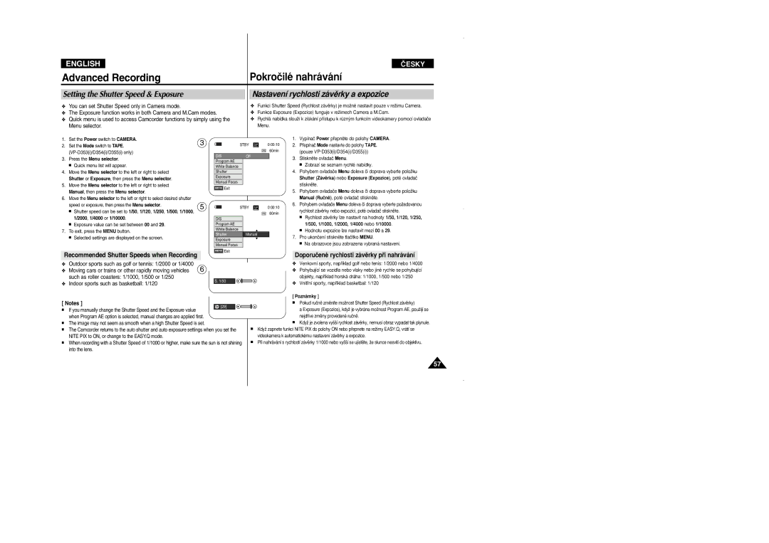 Samsung VP D 352 i manual Setting the Shutter Speed & Exposure, Nastavení rychlosti závûrky a expozice 