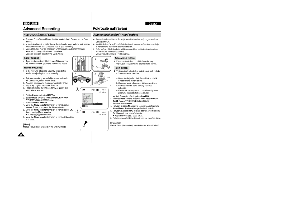 Samsung VP D 352 i manual Auto Focus/Manual Focus, Automatické ostﬁení / ruãní ostﬁení, Ruãní ostﬁení 