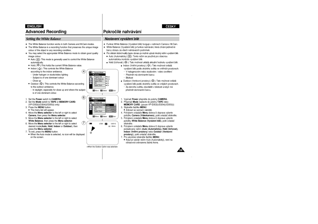 Samsung VP D 352 i manual Advanced Recording Pokroãilé nahrávání, Setting the White Balance Nastavení vyváÏení bílé 