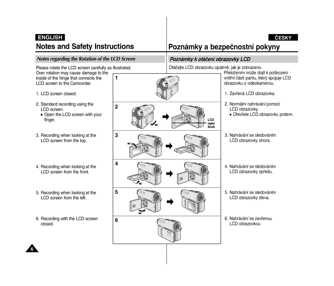 Samsung VP D 352 i manual Poznámky a bezpeãnostní pokyny, Poznámky k otáãení obrazovky LCD 