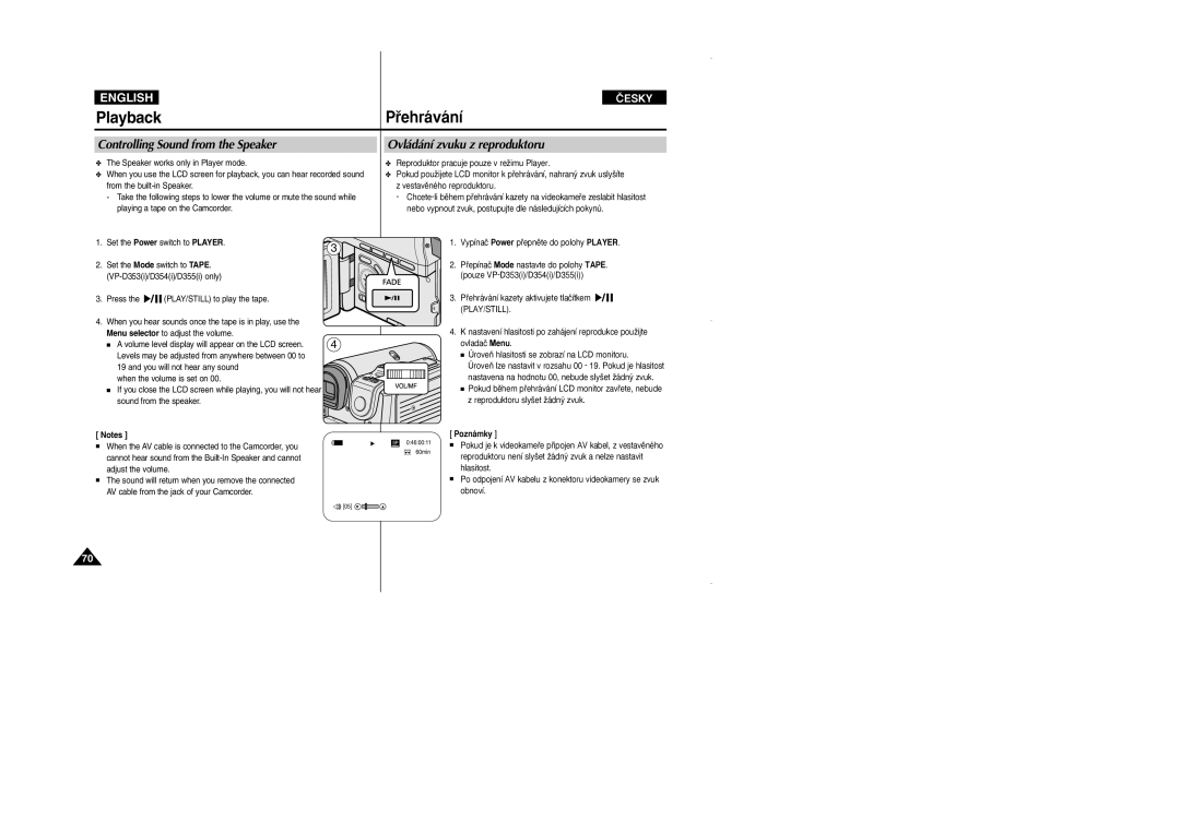 Samsung VP D 352 i manual Controlling Sound from the Speaker, Ovládání zvuku z reproduktoru 