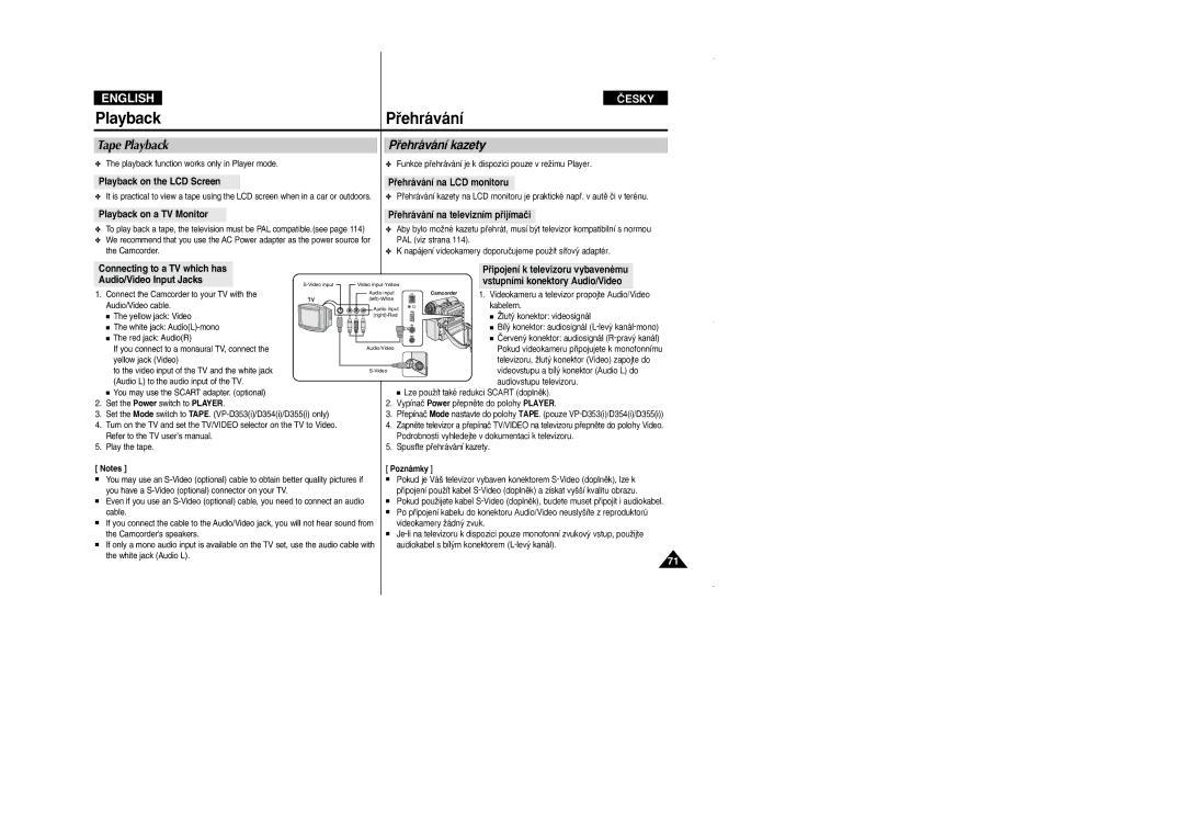 Samsung VP D 352 i manual Tape Playback, Pﬁehrávání kazety 