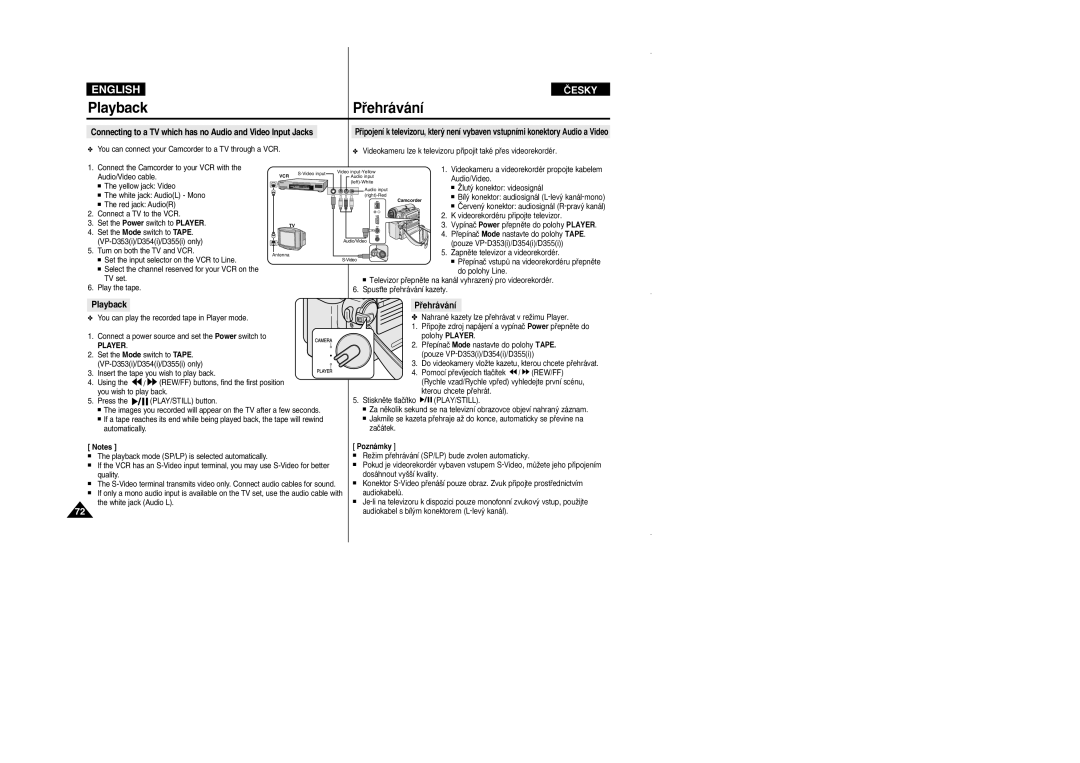 Samsung VP D 352 i manual Playback Pﬁehrávání, Connecting to a TV which has no Audio and Video Input Jacks 