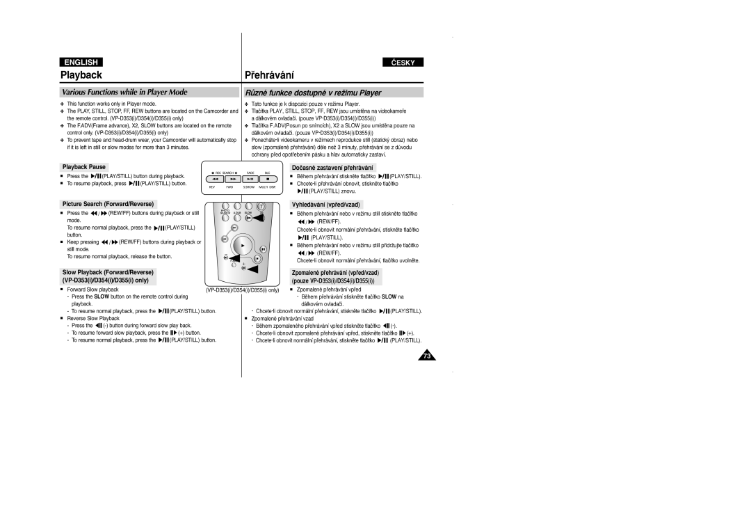 Samsung VP D 352 i manual Various Functions while in Player Mode, RÛzné funkce dostupné v reÏimu Player, Playback Pause 