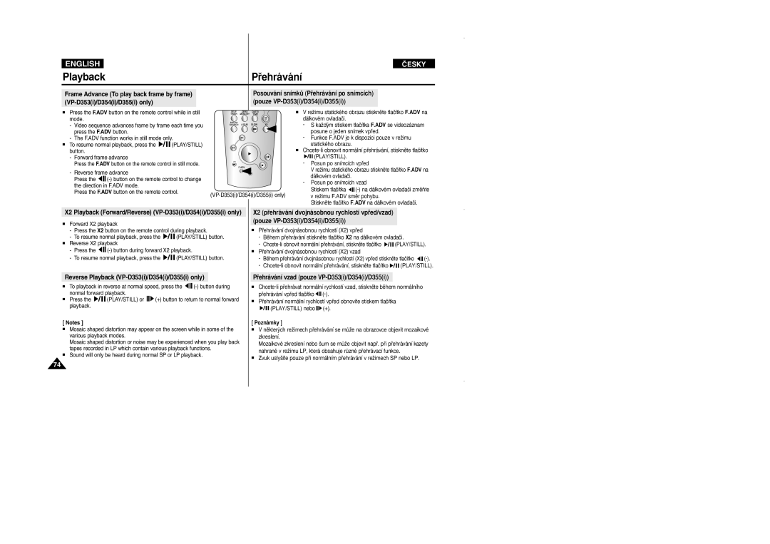 Samsung VP D 352 i manual Reverse Playback VP-D353i/D354i/D355i only, Pﬁehrávání vzad pouze VP-D353i/D354i/D355i 