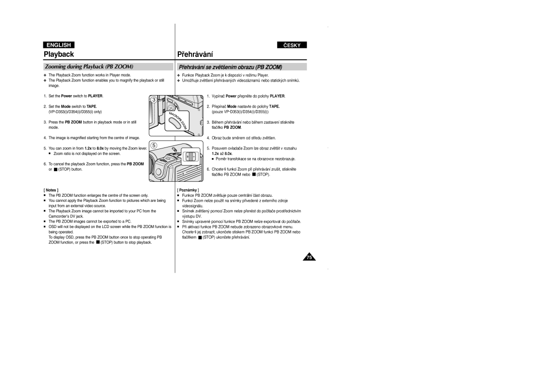 Samsung VP D 352 i manual Zooming during Playback PB Zoom, Pﬁehrávání se zvût‰ením obrazu PB Zoom, 2x aÏ 
